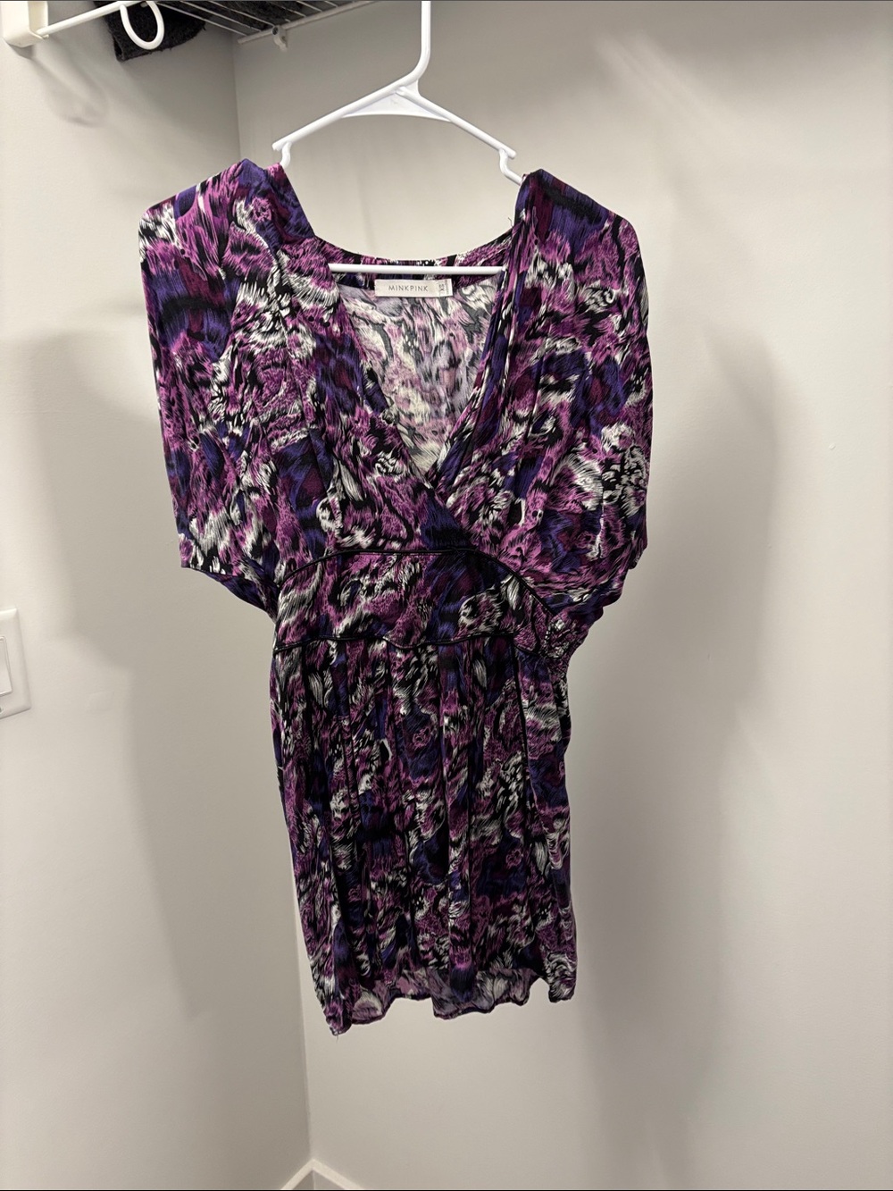 MINKPINK Purple, Black and White Abstract Wrap-Style Mini Dress